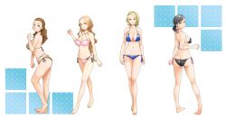  4girls absurdres ass barefoot bikini black_bikini black_hair blonde_hair blue_bikini breasts brown_bikini brown_hair butt_crack cleavage ebihara_ai feet forehead full_body highres large_breasts long_hair looking_at_viewer low_ponytail margaret_(persona) mature_female medium_hair minami_eri multiple_girls navel persona persona_4 pink_bikini ponytail popo-chan side-tie_bikini_bottom standing swimsuit toes uehara_sayoko 