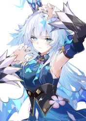  1girl aqua_eyes bare_shoulders blue_dress blue_eyes blue_hair blue_wings cerydra_(honkai:_star_rail) crown detached_sleeves dress gaohuang43450 highres honkai:_star_rail honkai_(series) long_hair mini_crown multicolored_hair simple_background white_background wings 