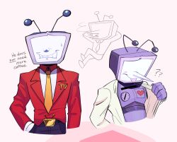  1boy ? ant_tenna belt belt_buckle black_belt black_pants blush buckle cigarette clothes_grab colliholly commentary crossed_legs crt deltarune english_commentary english_text gloves hand_in_pocket highres humanoid_robot jacket male_focus multiple_views necktie object_head pants pointy_nose red_jacket robot shirt shirt_grab smile smoking sweat teeth tongue tongue_out unbuttoned unbuttoned_shirt white_gloves white_shirt yellow_necktie 