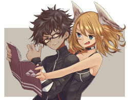 1boy 1girl absurdres black-framed_eyewear black_bodysuit black_sweater blue_eyes bodysuit book border breasts brown_eyes brown_hair commentary_request dark-skinned_male dark_skin eunie_(xenoblade) eushima_(sgr) fang glasses grey_background head_wings highres holding holding_book large_breasts outside_border short_hair simple_background smile standing sweater taion_(xenoblade) v-shaped_eyebrows white_border wings xenoblade_chronicles_(series) xenoblade_chronicles_3 