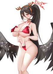  absurdres bikini black_hair black_wings blue_archive breasts christmas christmas_bikini collarbone curvy deer_horns fake_horns hasumi_(blue_archive) highres horns huge_breasts long_hair looking_at_viewer navel panties panty_pull red_bikini red_eyes simple_background swimsuit thighs underwear white_background wings zzo_(chorizzzzo)  rating:Questionable score:37 user:Xander