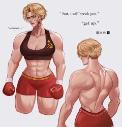  abs black_sports_bra blonde_hair blood blood_on_face breasts cleavage cropped_legs english_text from_behind genderswap genderswap_(mtf) highres instagram_username ivan_drago large_breasts lips midriff mixed-language_text multiple_views muscular muscular_female n10_arts red_shorts rocky russian_text short_hair shorts simple_background sports_bra topless_female twitter_username very_short_hair white_background 