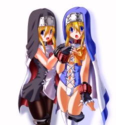 2boys alternate_color arc_system_works blonde_hair blue_eyes bridget_(guilty_gear) dual_persona eyebrows fingerless_gloves gloves guilty_gear guilty_gear_xx hair_between_eyes jpeg_artifacts most_body multiple_boys nun open_mouth pantyhose slave socks trap white_legwear rating:Sensitive score:19 user:danbooru