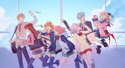  2boys 5girls absurdres akabane_youko aqua_eyes bag black_pants black_shoes blazer blue_eyes blue_jacket blue_skirt bow bowtie brown_hair brown_sweater_vest cardigan cellphone collared_shirt colored_inner_hair demon_wings dt_777_tb floating flower green_skirt grey_cardigan grey_hair hair_flower hair_ornament highres honma_himawari hood hood_down hoodie indoors jacket kanae_(nijisanji) kuzuha_(nijisanji) long_hair long_sleeves loose_socks low_ponytail makaino_ririmu multicolored_hair multiple_boys multiple_girls necktie nijisanji orange_hair pants paper_airplane phone pink_cardigan pink_eyes pink_hair pink_jacket plaid_clothes plaid_skirt pleated_skirt ponytail red_bow red_bowtie red_eyes red_necktie red_skirt sasaki_saku school_bag school_uniform shiina_yuika shirt shoes short_hair short_ponytail shoulder_bag skirt smartphone socks sunflower sweater_vest taking_picture thighhighs two-tone_hair two_side_up v virtual_youtuber white_shirt white_thighhighs wings yellow_cardigan 