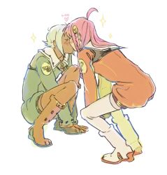  2girls ahoge braid dark-skinned_female dark_skin esshemasha grey_hair hair_ornament heart kiss lal&#039;c_mellk_mal long_hair long_sleeves multiple_girls nono_(top_wo_nerae_2!) pink_hair short_hair sparkle squatting thighhighs top_wo_nerae!_(series) top_wo_nerae_2! white_background yuri 