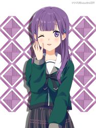  1girl 22/7 ;d artist_name black_bow black_bowtie black_skirt bow bowtie center-flap_bangs cowboy_shot fanged_bangs green_shirt hair_ornament hand_on_own_cheek hand_on_own_face highres ichinose_hotaru long_hair long_sleeves looking_at_viewer mole mole_under_eye nanairo_(nanairo227) one_eye_closed open_mouth plaid_clothes plaid_skirt pleated_skirt purple_eyes purple_hair rokubanchou_school_uniform sailor_collar school_emblem school_uniform serafuku shirt skirt smile solo standing straight-on white_sailor_collar winter_uniform 