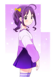 1girl ahoge blush bow commentary_request cosplay hair_bow hair_intakes highres hirogaru_sky!_precure kimi_to_idol_precure kyanos_(b_0000ff) long_sleeves medium_hair open_mouth partial_commentary precure purple_eyes purple_hair purple_shirt purple_skirt purple_thighhighs shigure_kokoro shirt side_ponytail skirt solo sora_harewataru sora_harewataru_(cosplay) t-shirt thighhighs yellow_bow rating:General score:4 user:danbooru