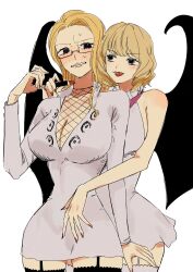  2girls bat_wings behind_another black_eyes black_thighhighs black_wings blonde_hair blue_eyes blush breasts clenched_teeth cosmetics curvy demon_wings dress fangs fingernails fishnet_top fishnets garter_straps glasses hand_around_waist hand_up highres holding holding_lipstick_tube kalifa_(one_piece) large_breasts licking_lips lipstick lipstick_tube long_fingernails long_hair long_sleeves makeup multiple_girls nail_polish ngo_flamingo one_piece parted_lips red_lips red_nails semi-rimless_eyewear sharp_fingernails short_dress short_hair shoulder_blush sleeveless sleeveless_dress stussy_(one_piece) sweat teeth thighhighs tongue tongue_out white_dress white_thighhighs wings yuri 