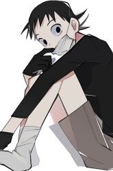  1boy ankle_socks arm_on_knee black_eyes black_gloves black_hair black_shirt full_body gloves grey_shorts knees_to_chest knees_up leaning_forward looking_down male_focus mask mask_pull midousuji_akira mouth_mask no_shoes o_omome official_alternate_costume pale_skin raised_eyebrows shirt short_hair shorts simple_background sitting socks solid_circle_pupils solo surgical_mask three-quarter_sleeves white_background white_socks wide-eyed wispy_bangs yowamushi_pedal 