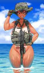1girl absurdres assault_rifle black_hair blue_sky body_armor boonie_hat breasts brown_eyes convenient_censoring daewoo_k1 day dog_tags female_soldier gun highres hitch_(perotoss) large_breasts looking_at_viewer military nude ocean one-piece_tan original outdoors paid_reward_available parted_lips republic_of_korea_army rifle sergeant_joo sharp_teeth shiny_skin short_hair sky smile soldier solo standing tan tanline teeth tomboy weapon wet rating:Questionable score:143 user:danbooru