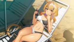  1girl 364ing ahoge animal_ear_fluff animal_ears beach bikini blonde_hair blush breasts cat_ears cat_girl cat_tail chair colored_inner_hair commentary english_commentary facial_mark indie_virtual_youtuber long_hair looking_at_viewer lotion_bottle lounge_chair medium_breasts multicolored_bikini multicolored_hair outdoors purple_hair red_eyes ribbon second-party_source shadow shyrei_faolan solo streaked_hair swimsuit tail tail_ornament tail_ribbon two-tone_bikini two-tone_hair virtual_youtuber whisker_markings 