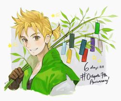  1boy alfyn_greengrass anniversary aubz blonde_hair brown_eyes brown_gloves commentary copyright_name countdown english_commentary english_text gloves highres holding holding_plant looking_at_viewer male_focus octopath_traveler octopath_traveler_i plant ponytail short_ponytail smile solo star_(symbol) white_background 