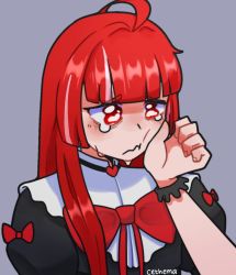 1girl ahoge artist_name bow bowtie frown grey_background guramiabu2 highres hime_cut hololive hololive_indonesia holoro kureiji_ollie long_hair multicolored_hair olivia_(kureiji_ollie) pink_hair red_bow red_bowtie red_eyes red_hair simple_background solo streaked_hair tearing_up upper_body virtual_youtuber  rating:General score:4 user:truesword24