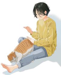  1girl barefoot black_hair blue_pants blush cat closed_mouth denim feet full_body grey_eyes hand_up jeans long_sleeves looking_at_another mattaku_mousuke on_ground original pants petting shirt short_hair signature sitting smile soles solo toenails toes watermark yellow_shirt 