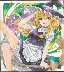  1girl :d apron black_hat black_skirt black_vest blonde_hair bloomers bow braid breasts broom broom_riding commentary_request frilled_hat frills hair_bow hajike_akira hat hat_bow highres kirisame_marisa long_hair looking_at_viewer open_mouth puffy_short_sleeves puffy_sleeves shikishi short_sleeves side_braid single_braid sitting skirt small_breasts smile solo star_(symbol) touhou traditional_media turtleneck underwear very_long_hair vest waist_apron white_bloomers white_bow witch_hat yellow_eyes 