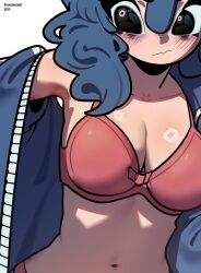  1girl 2025 absurdres armpit_peek armpits artist_name bags_under_eyes black_eyes blue_hair blush bra breasts bruise curly_hair dated dressing hair_between_eyes highres injury large_breasts medium_hair navel original oversized_clothes pink_bra ryu_(ryuwanshoy) signature simple_background underwear white_background 