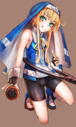 1boy androgynous arc_system_works bike_shorts blonde_hair blush bridget_(guilty_gear) brown_background bulge cross crossdressing crossdressing_(mtf) fingerless_gloves full_body gloves green_eyes guilty_gear guilty_gear_xx habit hat highres kneeling long_hair male_focus nun short_hair sidelocks simple_background sketch sleeveless smile solo taishi_(artist) taishi_(picchiridou) tongue tongue_out trap yo-yo rating:Sensitive score:49 user:BlueBaroness