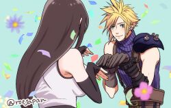  1boy 1girl aqua_background armor bare_shoulders black_gloves black_hair blonde_hair blue_eyes blue_sweater blurry blurry_foreground blush breasts brown_gloves brown_hair closed_mouth cloud_strife commentary_request confetti crop_top earrings final_fantasy final_fantasy_vii final_fantasy_vii_rebirth final_fantasy_vii_remake fingerless_gloves flower from_behind gloves highres jewelry large_breasts long_hair looking_at_another pink_flower purple_flower ribbed_sweater roejapan shoulder_armor single_bare_shoulder sleeveless sleeveless_turtleneck smile spiked_hair stud_earrings suspenders sweater tank_top three_quarter_view tifa_lockhart turtleneck turtleneck_sweater twitter_username upper_body white_tank_top 