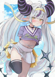  1girl absurdres ahoge alternate_costume alternate_hairstyle arms_behind_back black_thighhighs blush cheerleader commentary_request flat_chest grey_hair headband highres hololive horns huge_horns la+_darknesss long_hair looking_at_viewer multicolored_hair navel nemuta_muu panties pantyshot pleated_skirt pointy_ears pom_pom_(cheerleading) pout purple_hair single_thighhigh skirt solo standing standing_on_one_leg stomach streaked_hair striped_horns tail thighhighs twintails underwear very_long_hair virtual_youtuber white_panties white_skirt yellow_eyes yellow_headband 