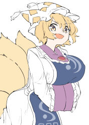  1girl animal_hat blonde_hair blue_tabard breasts commentary deetamu dress fox_tail hat highres kitsune large_breasts long_sleeves looking_at_viewer mob_cap multiple_tails open_mouth short_hair simple_background smile solo tabard tail touhou white_background white_dress yakumo_ran yellow_eyes 