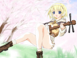 1girl 2000s_(style) :d bad_id bard_(ragnarok_online) blonde_hair blue_eyes blush boots brown_boots brown_shirt cherry_blossoms commentary_request crossdressing crossdressing_(ftm) earmuffs full_body grass instrument looking_at_viewer open_mouth panties pantyshot ragnarok_online shamisen shirt short_hair sitting skirt smile socks solo tokita underwear white_panties white_skirt white_socks