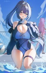  2girls ahoge artist_name ball beachball blue_eyes blue_hair blue_one-piece_swimsuit blue_sky breasts chain chain-link_fence chain_hairband cleavage commentary covered_navel day english_commentary feet_out_of_frame fence hand_to_own_mouth highleg highleg_one-piece_swimsuit hololive hololive_english holonatsu_paradise huge_weapon ibbychan jacket long_hair long_sleeves looking_at_viewer multiple_girls off_shoulder official_alternate_costume one-piece_swimsuit open_clothes open_jacket open_mouth ouro_kronii ouro_kronii_(holonatsu_paradise) outdoors pink_hair ponytail poolside raora_panthera sky soaking_feet solo_focus swimsuit thigh_strap twitter_username very_long_hair virtual_youtuber weapon 