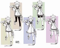  1girl alternate_costume bike_shorts binoculars character_name commentary_request dress greyscale greyscale_with_colored_background headgear holding holding_binoculars kantai_collection kawashina_(momen_silicon) leg_up long_sleeves miniskirt monochrome multiple_views open_mouth pantyhose pleated_skirt rudder_footwear sailor_dress short_dress short_hair simple_background skirt standing standing_on_one_leg yukikaze_(kancolle) 