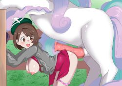 1girl absurdres animal_penis bad_id bad_pixiv_id bestiality blush breasts breasts_out brown_eyes brown_hair censored galarian_form galarian_rapidash gen_8_pokemon gloria_(pokemon) hat highres horse_penis huge_penis imminent_bestiality imminent_penetration interspecies large_breasts looking_at_penis mosaic_censoring nintendo nipples nivi no_bra open_mouth paid_reward_available panties panty_pull penis pink_panties pokemon pokemon_(creature) pokemon_swsh pokephilia short_hair underwear rating:Explicit score:268 user:danbooru