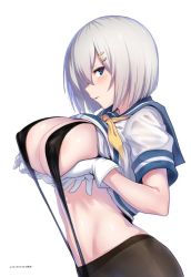 10s 1girl bad_id bad_twitter_id black_pantyhose blue_eyes breast_hold breasts clothes_lift covered_erect_nipples female_focus gloves hair_ornament hair_over_one_eye hairclip hamakaze_(kancolle) kantai_collection large_breasts looking_at_viewer pantyhose school_uniform serafuku shirt shirt_lift short_hair silver_hair slingshot_swimsuit solo swimsuit ulrich_(tagaragakuin) white_gloves rating:Sensitive score:79 user:danbooru