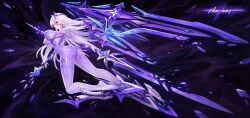  1girl absurdres android arched_back barefoot bodysuit breasts broken broken_weapon covered_erect_nipples dual_wielding floating full_body hair_between_eyes hair_ornament highres holding holding_sword holding_weapon impossible_bodysuit impossible_clothes large_breasts long_bangs long_hair looking_at_viewer looking_back mecha_musume mechanical_wings nornium official_art open_mouth original red_eyes shiny_clothes skin_tight solo sword transparent transparent_body weapon white_hair wings zhuore_zhi_hen 