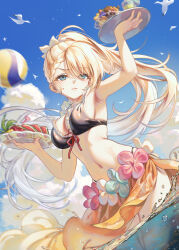  1girl armpits arms_up ball beachball bikini black_bikini blonde_hair blue_eyes blue_sky braid braided_bangs breasts closed_mouth cloud commentary_request flower food frilled_bikini frills fruit g36_(50_days_with_g36)_(girls&#039;_frontline) g36_(girls&#039;_frontline) girls&#039;_frontline grapes hair_flower hair_ornament haneru highres holding holding_plate long_hair medium_breasts navel official_alternate_costume orange_sarong outdoors plate ponytail sarong sky solo swimsuit very_long_hair water wet 