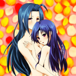 00s 2girls ahoge blush breasts cleavage hug idolmaster idolmaster_(classic) kisaragi_chihaya long_hair looking_back miura_azusa multiple_girls nude red_eyes yuri rating:Questionable score:14 user:danbooru