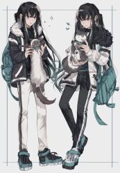 animal artist_request backpack bag black_hair cat character_request closed_eyes copyright_request denim full_body gender_request graduation grey_background headpat jacket jeans long_hair longcat_(meme) pants shoes tagme twintails