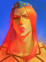  1boy blue_background blue_hat collarbone commentary english_commentary fishnet_top fishnets hat highres jojo_no_kimyou_na_bouken lips long_hair makeup male_focus narciso_anasui parted_lips pink_hair pink_lips portrait prof_pega solo stone_ocean teeth yellow_theme 