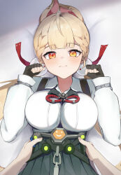  1girl 1other ahoge alice_thymefield alternate_eye_color animal_ears bed_sheet black_gloves black_skirt blonde_hair blush breasts clenched_hands closed_mouth collared_shirt ekaki_hagoromo facing_viewer fingerless_gloves gloves high-waist_skirt highres large_breasts long_hair looking_at_viewer low_twintails lying on_back on_bed orange_eyes rabbit_ears rabbit_girl shirt skirt twintails very_long_hair white_shirt yellow_eyes zenless_zone_zero 