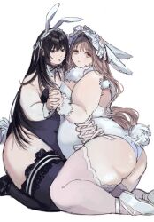 2girls animal_ear_fluff animal_ear_hairband ass black_eyes black_hair black_leotard black_shoes black_thighhighs bow breasts brown_hair butt_crack covered_navel detached_collar fat fat_woman frilled_hairband frills from_side fur_collar fur_cuffs hair_bow hairband holding_hands interlocked_fingers kneeling lace lace-trimmed_thighhighs lace_trim leotard long_hair multiple_girls orange_eyes original playboy_bunny rabbit_ear_hairband rabbit_ears rabbit_tail shoes small_breasts thick_thighs thighhighs thighs white_background white_bow white_hairband white_leotard white_shoes white_thighhighs wrist_cuffs yoko_koyoyo
