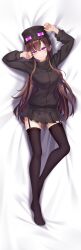  1girl absurdres black_hat black_skirt black_sweater black_thighhighs blush breasts brown_hair enderman hat highres kensaku_z long_hair lying medium_breasts minecraft on_back personification purple_eyes skirt smile sweater thighhighs  rating:General score:12 user:randomwriter391