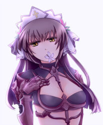  1girl armor bikini_armor breasts brown_hair cleavage commentary_request cross flower flower_in_mouth gauntlets guillotine_cross_(ragnarok_online) hand_on_own_chest headdress long_hair looking_at_viewer lowres medium_breasts pauldrons ragnarok_online shoulder_armor simple_background solo upper_body white_background white_flower yamai._(alpinum) yellow_eyes 