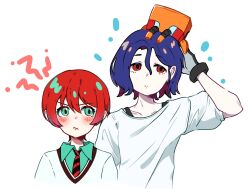  1boy 1girl amate_yuzuriha aqua_eyes blue_hair blush collared_shirt colored_inner_hair conch_(gundam) cropped_torso gloves gundam gundam_gquuuuuux highres looking_at_another multicolored_hair necktie non-humanoid_robot pipi19910310 purple_hair red_eyes red_hair robot school_uniform shirt short_hair shuji_ito simple_background sweater two-tone_hair white_background white_shirt 