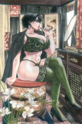  1girl absurdres black_hair black_shoes bra breasts cosmetics earrings full_body green_bra green_panties green_thighhighs high_heels highres holding holding_lipstick_tube indoors jacket jacket_on_shoulders jewelry large_breasts lipstick_tube looking_at_mirror mirror original panties redmaiden shoes short_hair solo thighhighs underwear yin_yang yin_yang_earrings 