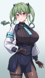  1girl android aqua_necktie armband black_gloves black_shirt black_skirt blue_necktie blush bracelet breasts casual collared_shirt cowboy_shot drill_hair elf gloves gradient_background green_hair green_necktie hair_between_eyes hair_ornament hairclip hiruno jacket jewelry large_breasts long_hair long_sleeves looking_at_viewer lyon_(hiruno) necktie open_clothes open_jacket original pantyhose parted_lips pink_eyes pocket pointy_ears purple_eyes shirt simple_background skirt solo thigh_strap twintails white_jacket 