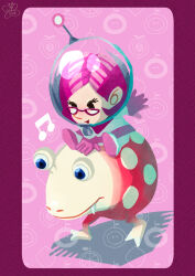  1girl artist_name black_eyes border brittany_(pikmin) bulborb dokumushi-rock eyelashes fruit_background full_body glasses gloves happy helmet looking_ahead miniskirt musical_note nintendo on_creature open_mouth pikmin_(series) pink-framed_eyewear pink_background pink_border pink_gloves pink_hair pink_skirt pointy_nose radio_antenna riding shadow short_hair sitting skirt smile space_helmet spacesuit triangular_eyewear watermark whistle 
