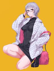  1girl absurdres adjusting_eyewear bag black_boots black_dress boots breasts commentary dress fate/grand_order fate_(series) full_body glasses grey_hair highres holding holding_bag ichiya1115 jacket jacques_de_molay_(foreigner)_(fate) looking_at_viewer medium_breasts parted_lips pink_bag purple_eyes short_hair simple_background solo white_jacket yellow_background 