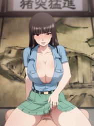 1boy 1girl animated animated_gif aoshidan_school_uniform belt black_belt blue_shirt blunt_bangs blush bouncing_breasts breasts brown_eyes brown_hair censored cleavage clothed_sex clothes_lift collarbone female_pubic_hair girl_on_top girls_und_panzer green_skirt hetero indoors jewelry large_breasts lifting_own_clothes long_hair looking_at_viewer mature_female mosaic_censoring mushiro_(nijie728995) nishizumi_shiho no_panties open_mouth penis pleated_skirt pov pubic_hair pussy ring sex shirt short_sleeves skirt skirt_lift solo_focus suspenders sweat vaginal wedding_band rating:Explicit score:640 user:danbooru