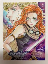 1boy 1girl artist_name black_gloves black_shirt blonde_hair energy_sword english_text gloves green_eyes highres holding holding_sword holding_weapon lightsaber long_hair looking_at_viewer luke_skywalker mara_jade orange_hair photo_(medium) purple_lightsaber shirt short_hair sleeveless sleeveless_shirt star_wars sword tomoko_taniguchi traditional_media weapon 