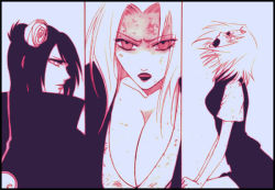  3girls breasts cleavage face_piercing haruno_sakura konan_(naruto) labret_piercing monochrome multiple_girls naruto_(series) naruto_shippuuden pii_(xpxpxpxp) tsunade_(naruto)  rating:Sensitive score:22 user:Lolrus