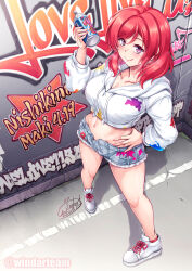  1girl :q breasts cleavage collarbone cropped_hoodie denim denim_shorts full_body graffiti hand_on_own_hip hand_up highres holding_spray_can hood hoodie looking_at_viewer love_live! love_live!_school_idol_project medium_breasts medium_hair navel nishikino_maki outdoors paint_splatter purple_eyes red_hair shoes short_shorts shorts signature sneakers solo spray_paint standing stomach thighs tongue tongue_out white_hoodie white_shoes windart 