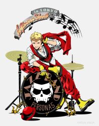  1other alternate_costume black_necktie blonde_hair boots brass_knuckles drum drum_set drumsticks full_body gloves hat holding holding_drumsticks instrument jacket long_sleeves looking_at_viewer mask musical_note necktie official_art pants persona persona_5 red_hat red_jacket red_pants sakamoto_ryuuji shirt short_hair simple_background skull_mask skull_print soejima_shigenori solo star_(symbol) third-party_source weapon white_background white_shirt yellow_boots yellow_gloves 