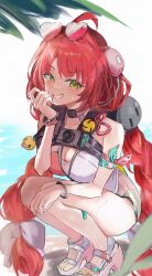  1girl ahoge bracelet breasts cable commentary eyewear_on_head full_body green_eyes hair_ornament heart heart-shaped_eyewear heart_sticker high_heel_sandals highres jewelry kurokoshou_(siakabe) long_hair looking_at_viewer nail_polish official_alternate_costume one-piece_swimsuit outdoors pink-tinted_eyewear red_hair sandals solo sphere_hair_ornament squatting sticker_on_face swimsuit tinted_eyewear toenail_polish toenails ukinami_yuzuha ukinami_yuzuha_(tanuki_in_broad_daylight) water yellow_nails zenless_zone_zero 