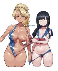  2girls american_flag_swimsuit areola_slip assisted_exposure bishoujo_senshi_sailor_moon black_hair blonde_hair blue_choker blush breasts brown_eyes chest_bow choker cleavage closed_mouth clothes_pull collarbone commentary_request cropped_legs dark-skinned_female dark_skin dot_mouth dot_nose expressionless female_pubic_hair food_court_de_mata_ashita furrowed_brow gluteal_fold gyaru hair_over_shoulder highres large_areolae large_breasts long_hair long_sidelocks looking_at_viewer low_ponytail low_side_ponytail maruko_tooto multiple_girls navel nipples one-piece_swimsuit one-piece_swimsuit_pull parted_lips ponytail ponytail_with_braided_base pubic_hair pubic_hair_peek pulling_another&#039;s_clothes sailor_moon_narikiri_bra_set sidelocks simple_background skindentation small_breasts straight-on swimsuit tan thigh_gap v-shaped_eyebrows wada_(food_court) white_background yamamoto_(food_court) 